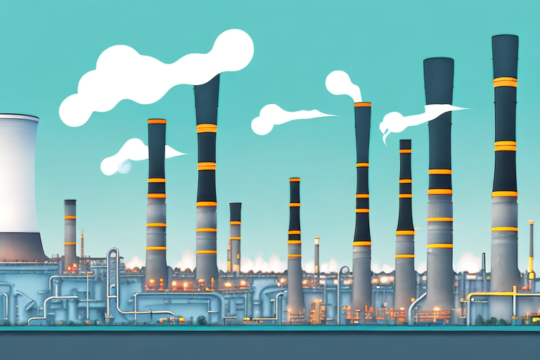 A coal power plant with smokestacks against the backdrop of a thriving city