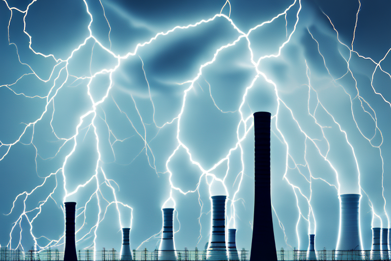 A coal power plant with symbols of energy and pollution