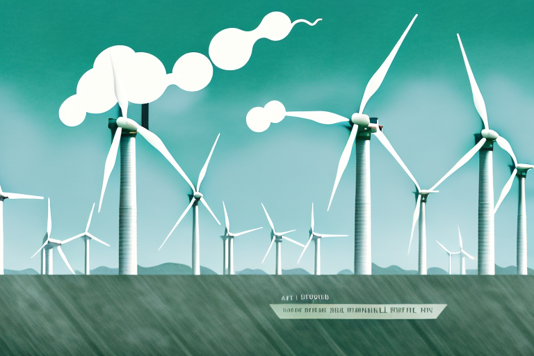 A coal power plant with half of it fading into a wind farm and solar panels