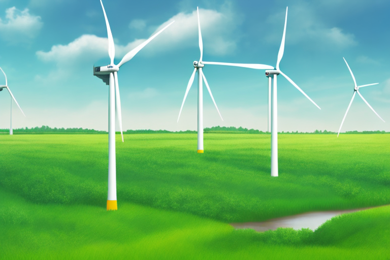 A wind turbine in a lush green field with a few dead trees and a polluted river nearby