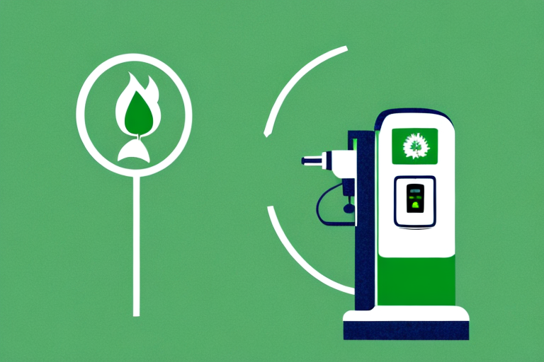 A gas pump with a green leaf growing out of the nozzle