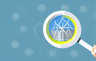 A magnifying glass focusing on a building with energy-saving icons (like a led light bulb