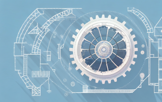 A factory building with a large cogwheel symbolizing energy efficiency
