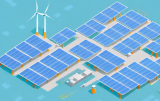 A factory with solar panels and wind turbines