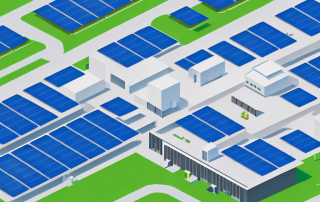 A factory building with solar panels on the roof and wind turbines nearby