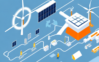 A factory with energy-saving equipment like solar panels and wind turbines