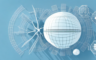 A globe surrounded by different industrial symbols like a factory