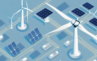 A modern industrial complex with various energy sources like solar panels and wind turbines