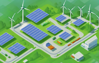 A sustainable industrial plant with solar panels and wind turbines