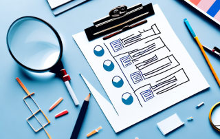 A magnifying glass hovering over a checklist on a clipboard