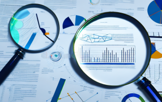 A magnifying glass hovering over a set of documents and charts