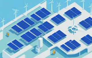 A building with solar panels and wind turbines