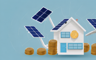 A house surrounded by energy-saving symbols like a wind turbine