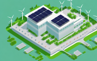 A modern company building equipped with various energy-saving technologies like solar panels