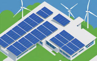 A commercial building with solar panels on the roof and wind turbines in the background