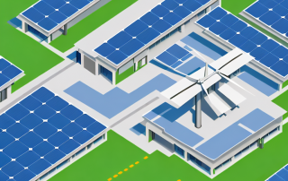 A corporate building with solar panels on the roof and wind turbines nearby