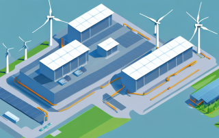 A modern industrial building with solar panels on the roof and wind turbines in the background