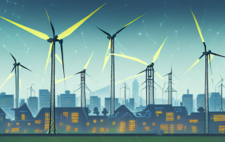 A cityscape with visible power lines