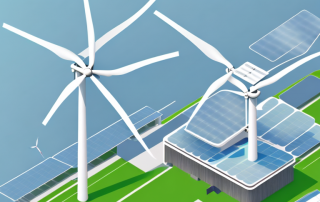 A modern building powered by various sources of energy like wind turbines