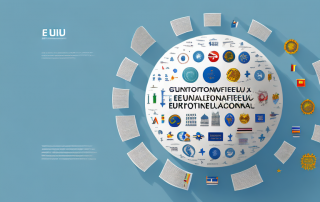 A large book labeled "eu-taxonomy" with various symbolic icons such as a wind turbine
