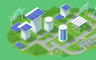 A sustainable industrial complex with various eco-friendly features like solar panels