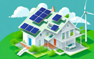 A house with various energy-saving features like solar panels