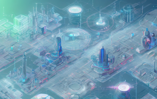 A futuristic cityscape being morphed or transformed from an old