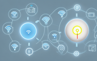 A smart home system with various connected devices like a thermostat