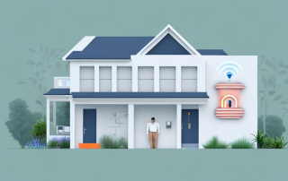 A modern home equipped with various smart security devices such as a doorbell camera