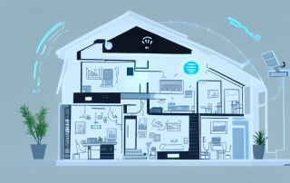 A modern house filled with various smart home technologies such as a voice-controlled lighting system