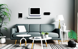 A cozy living room with modern technology like a smart speaker