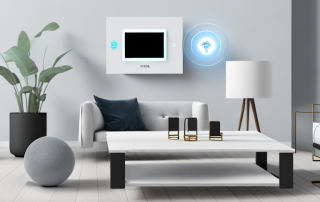 A modern home interior filled with various smart devices like a smart thermostat