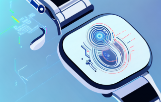 A futuristic wrist-worn device with various high-tech features and a sleek design