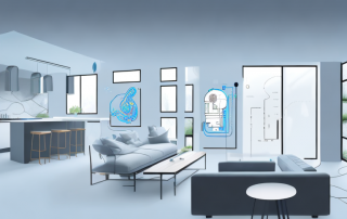 A modern home interior with various water sensors placed in key locations like the basement