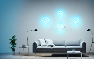 A smart home interior at night