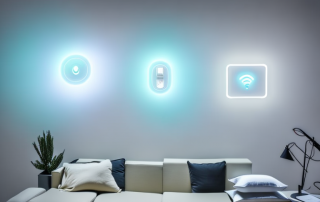 A modern home interior showcasing various smart light switches on the walls
