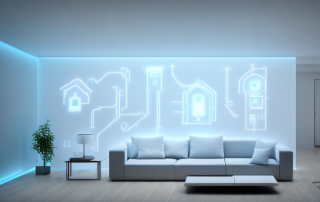 A modern home interior featuring various digital light switches integrated into the walls