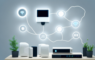 A modern home interior filled with various smart devices like lights