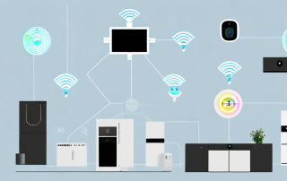 A modern house filled with various smart home devices like a smart thermostat
