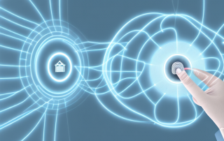 A modern home with visible smart devices like a thermostat