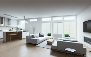 An interior of a modern home with various smart home motion sensors placed in key areas like the living room