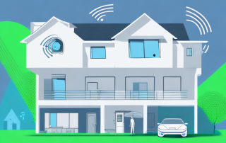 Various types of smart home motion detectors placed strategically around the exterior of a modern house