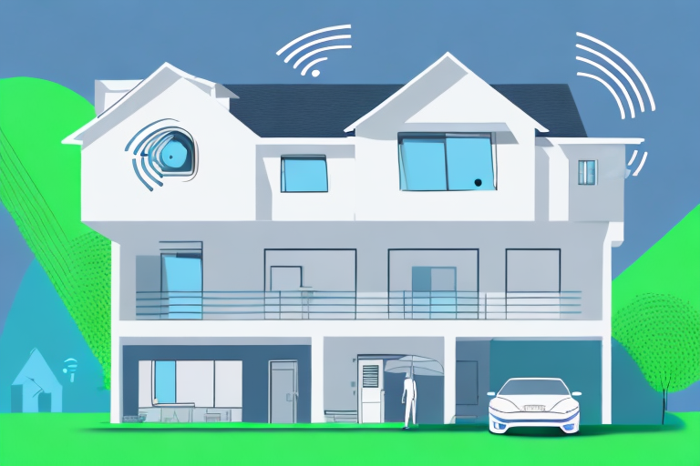 Various types of smart home motion detectors placed strategically around the exterior of a modern house