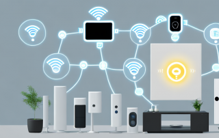 A smart home interior showcasing various connected devices like a smart thermostat
