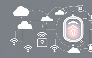 A smart home with various devices like a security system