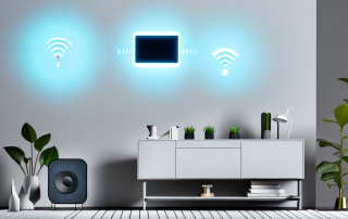 A modern smart home speaker in a living room setting