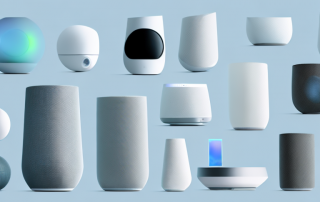 Several high-tech smart speakers of different shapes and sizes