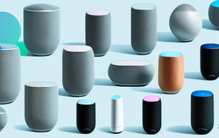 Several smart speakers of different shapes and sizes