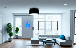 A modern apartment interior filled with various smart home devices such as a smart thermostat