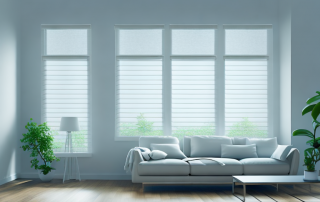 A smart home interior showcasing automated window blinds adjusting to sunlight